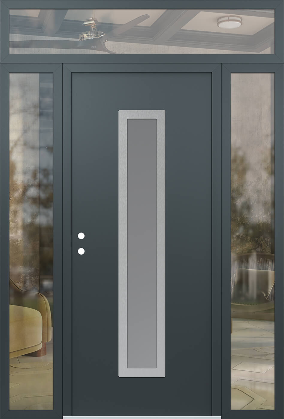 Modern Steel Front Door DIAMOND A11 64" X 96" ANTHRACITE/ANTHRACITE FROSTED GLASS PANEL STAINLESS STEEL LHI WITH 2 SIDELITES AND TRANSOM CLEAR GLASS