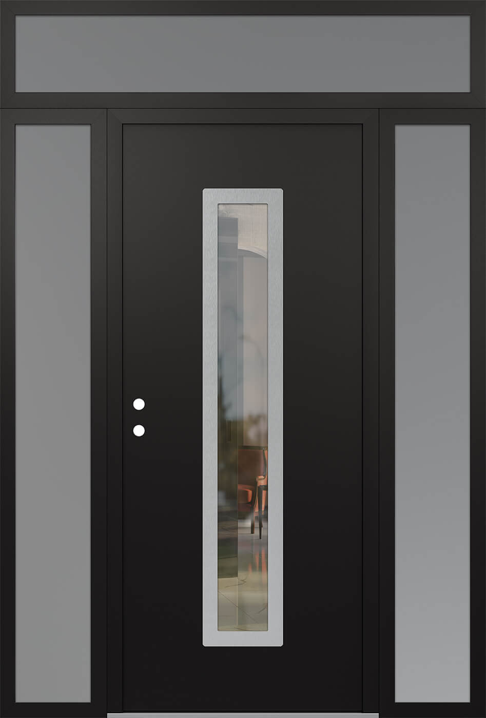 Modern Steel Front Door DIAMOND A11 64" X 96" BLACK/BLACK CLEAR GLASS PANEL STAINLESS STEEL RHI WITH 2 SIDELITES AND TRANSOM MIRRORED GLASS
