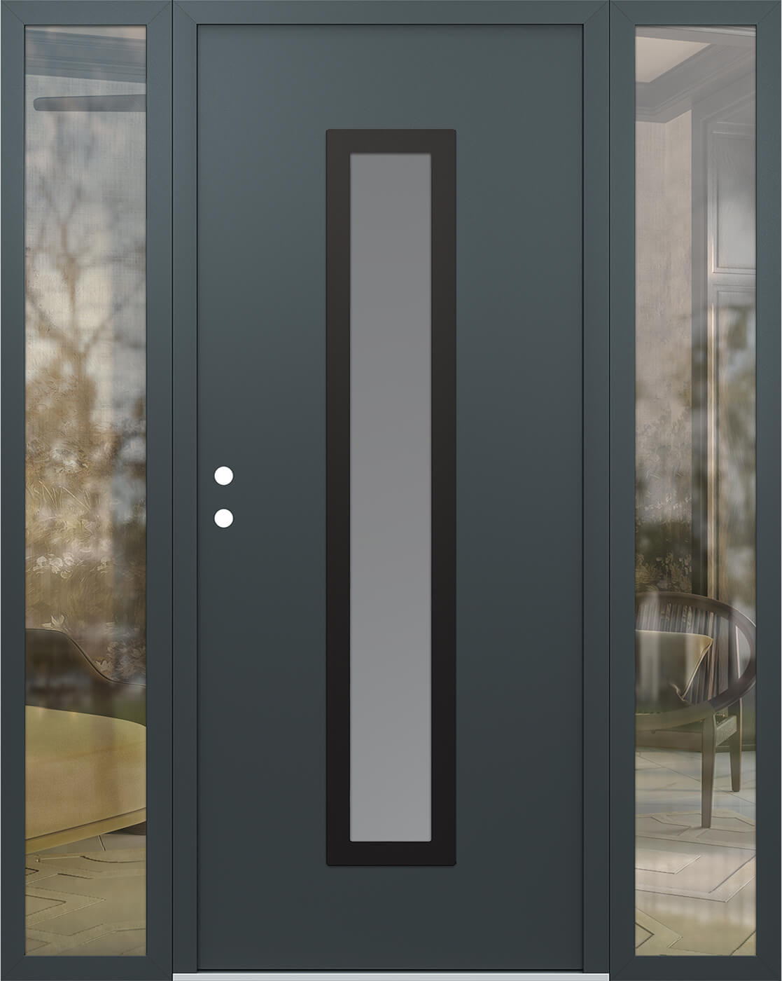 Modern Steel Front Door DIAMOND A11 68" X 80" ANTHRACITE/ANTHRACITE FROSTED GLASS PANEL BLACK RHI WITH 2 SIDELITES FROSTED GLASS
