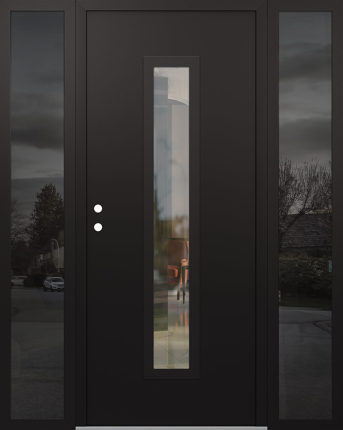 Modern Steel Front Door DIAMOND A11 68" X 80" BLACK/BLACK CLEAR GLASS PANEL BLACK RHI WITH 2 SIDELITES CLEAR GLASS