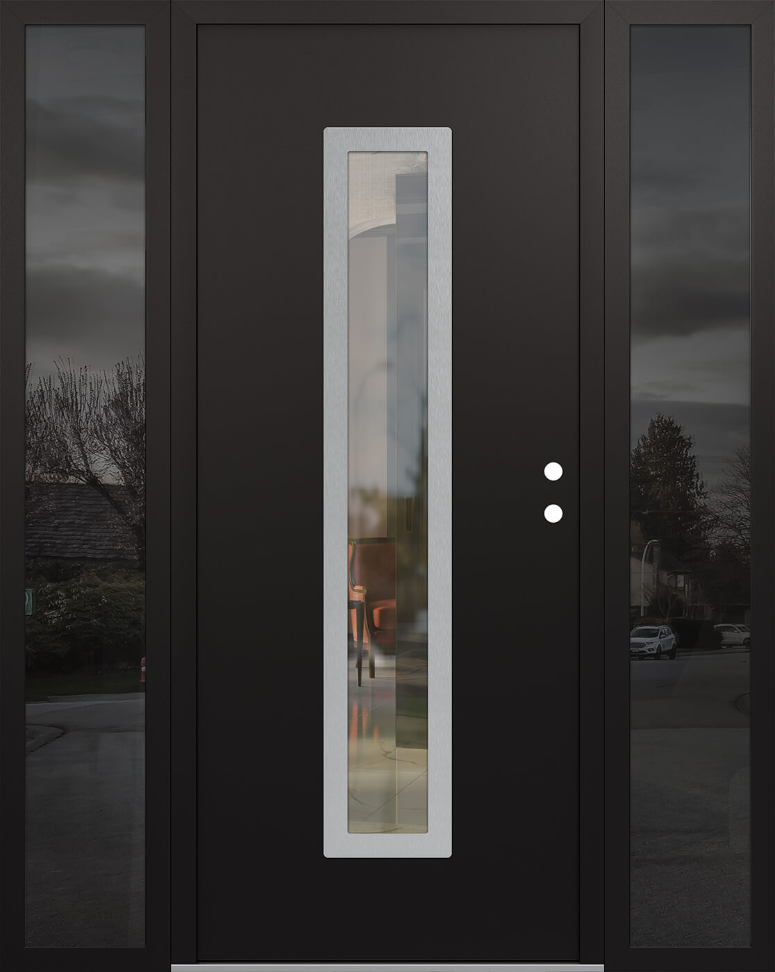 Modern Steel Front Door DIAMOND A11 68" X 80" BLACK/BLACK CLEAR GLASS PANEL STAINLESS STEEL LHI WITH 2 SIDELITES FROSTED GLASS