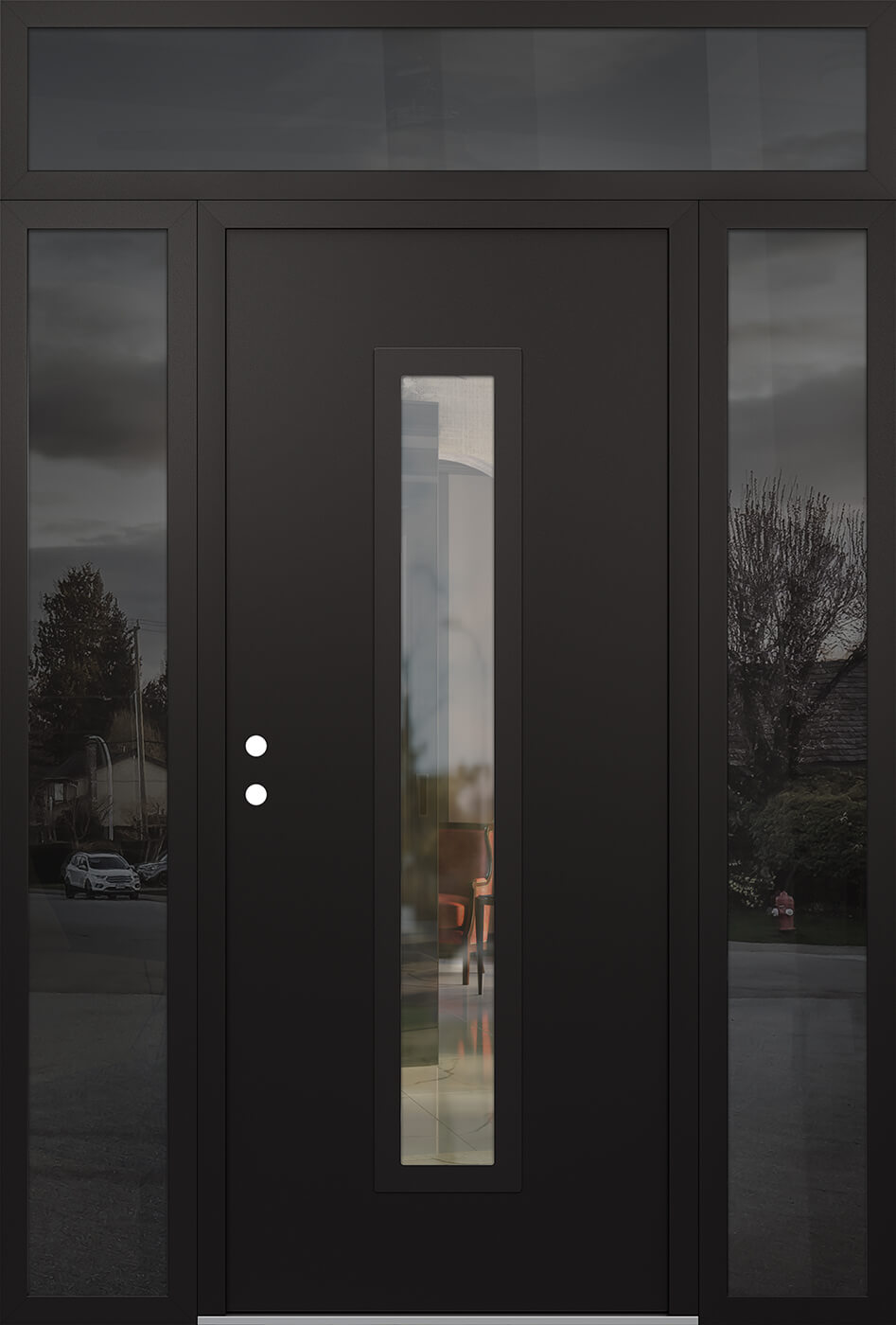 Modern Steel Front Door DIAMOND A11 68" X 96" BLACK/BLACK CLEAR GLASS PANEL BLACK RHI WITH 2 SIDELITES AND TRANSOM FROSTED GLASS