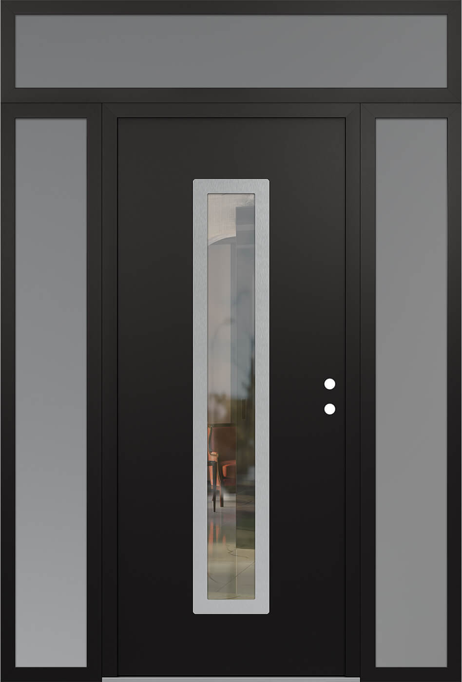 Modern Steel Front Door DIAMOND A11 68" X 96" BLACK/BLACK CLEAR GLASS PANEL STAINLESS STEEL LHI WITH 2 SIDELITES AND TRANSOM MIRRORED GLASS
