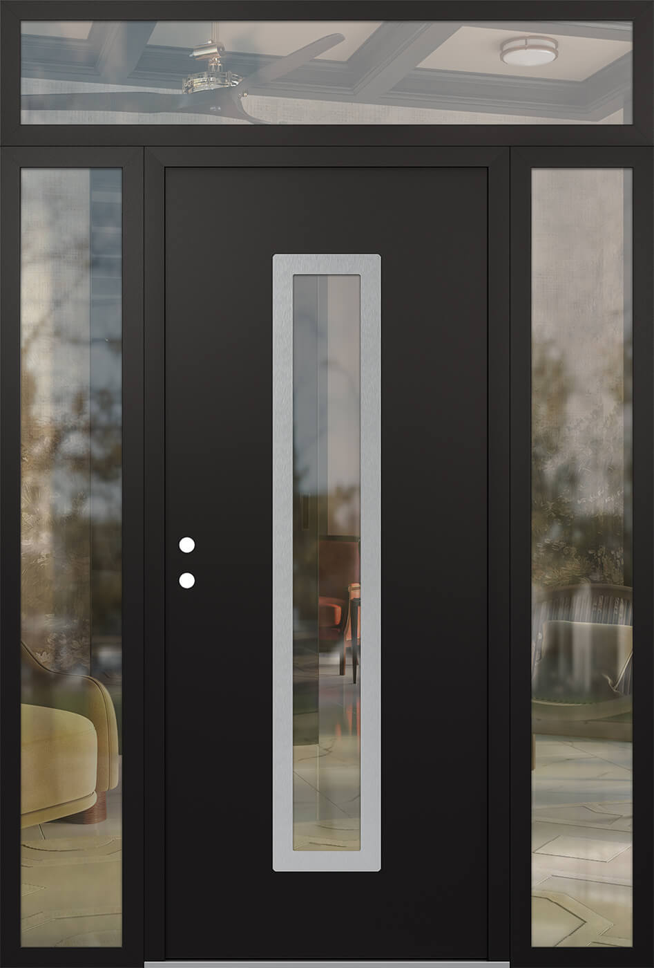 Modern Steel Front Door DIAMOND A11 68" X 96" BLACK/BLACK CLEAR GLASS PANEL STAINLESS STEEL RHI WITH 2 SIDELITES AND TRANSOM FROSTED GLASS
