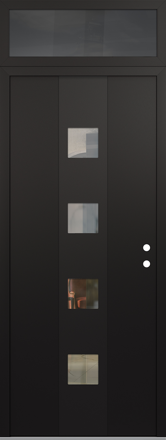 Modern Steel Front Door DIAMOND A12 36" X 96" BLACK/BLACK CLEAR GLASS PANEL BLACK LHI WITH TRANSOM MIRRORED GLASS