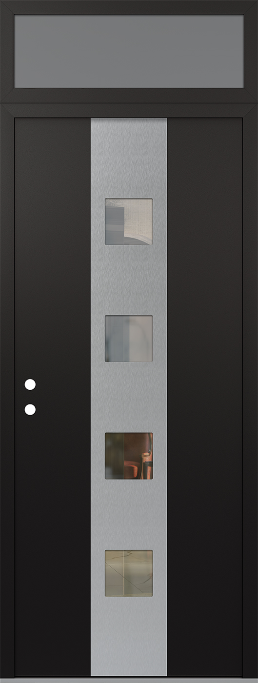 Modern Steel Front Door DIAMOND A12 36" X 96" BLACK/BLACK CLEAR GLASS PANEL STAINLESS STEEL RHI WITH TRANSOM MIRRORED GLASS