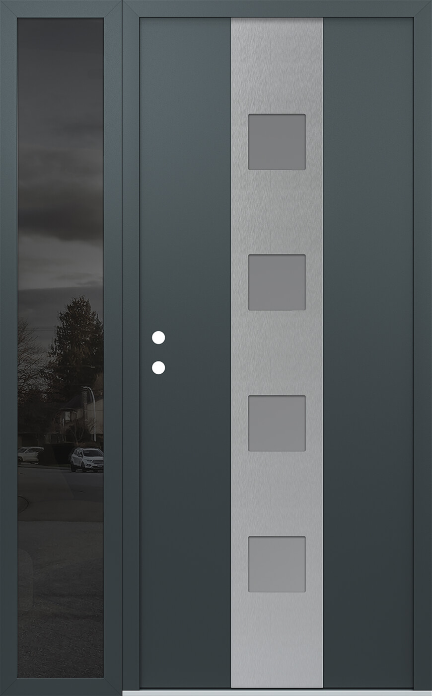 Modern Steel Front Door DIAMOND A12 48" X 80" ANTHRACITE/ANTHRACITE FROSTED GLASS PANEL STAINLESS STEEL LHI WITH SIDELITE MIRRORED GLASS