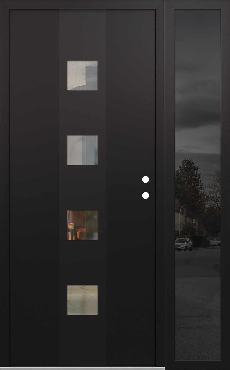 Modern Steel Front Door DIAMOND A12 48" X 80" BLACK/BLACK CLEAR GLASS PANEL BLACK LHI WITH SIDELITE MIRRORED GLASS