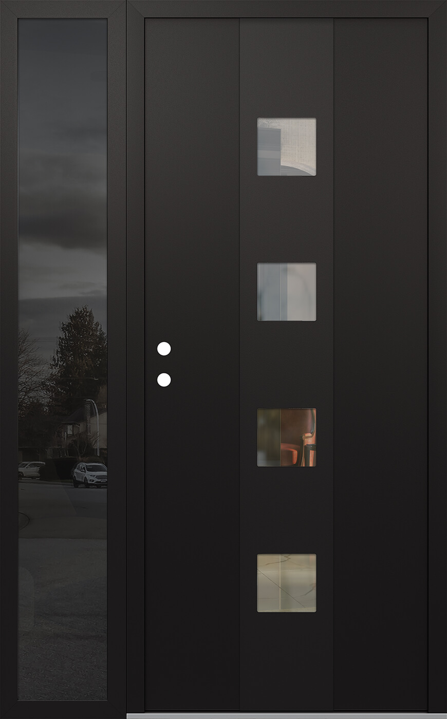Modern Steel Front Door DIAMOND A12 48" X 80" BLACK/BLACK CLEAR GLASS PANEL BLACK RHI WITH SIDELITE MIRRORED GLASS