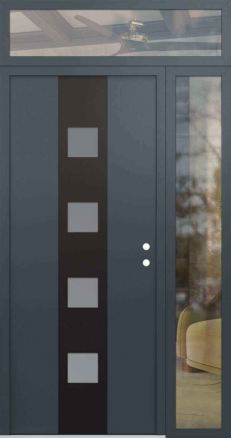 Modern Steel Front Door DIAMOND A12 48" X 96" ANTHRACITE/ANTHRACITE FROSTED GLASS PANEL BLACK LHI WITH SIDELITE AND TRANSOM FROSTED GLASS