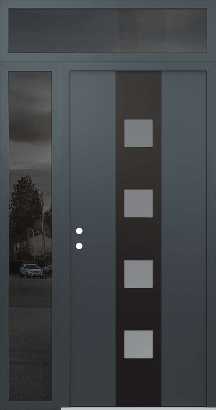 Modern Steel Front Door DIAMOND A12 48" X 96" ANTHRACITE/ANTHRACITE FROSTED GLASS PANEL BLACK RHI WITH SIDELITE AND TRANSOM CLEAR GLASS