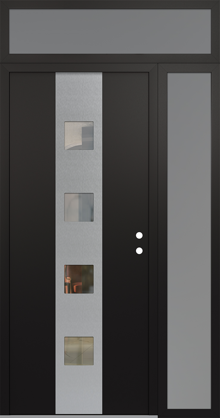 Modern Steel Front Door DIAMOND A12 48" X 96" BLACK/BLACK CLEAR GLASS PANEL STAINLESS STEEL LHI WITH SIDELITE AND TRANSOM CLEAR GLASS