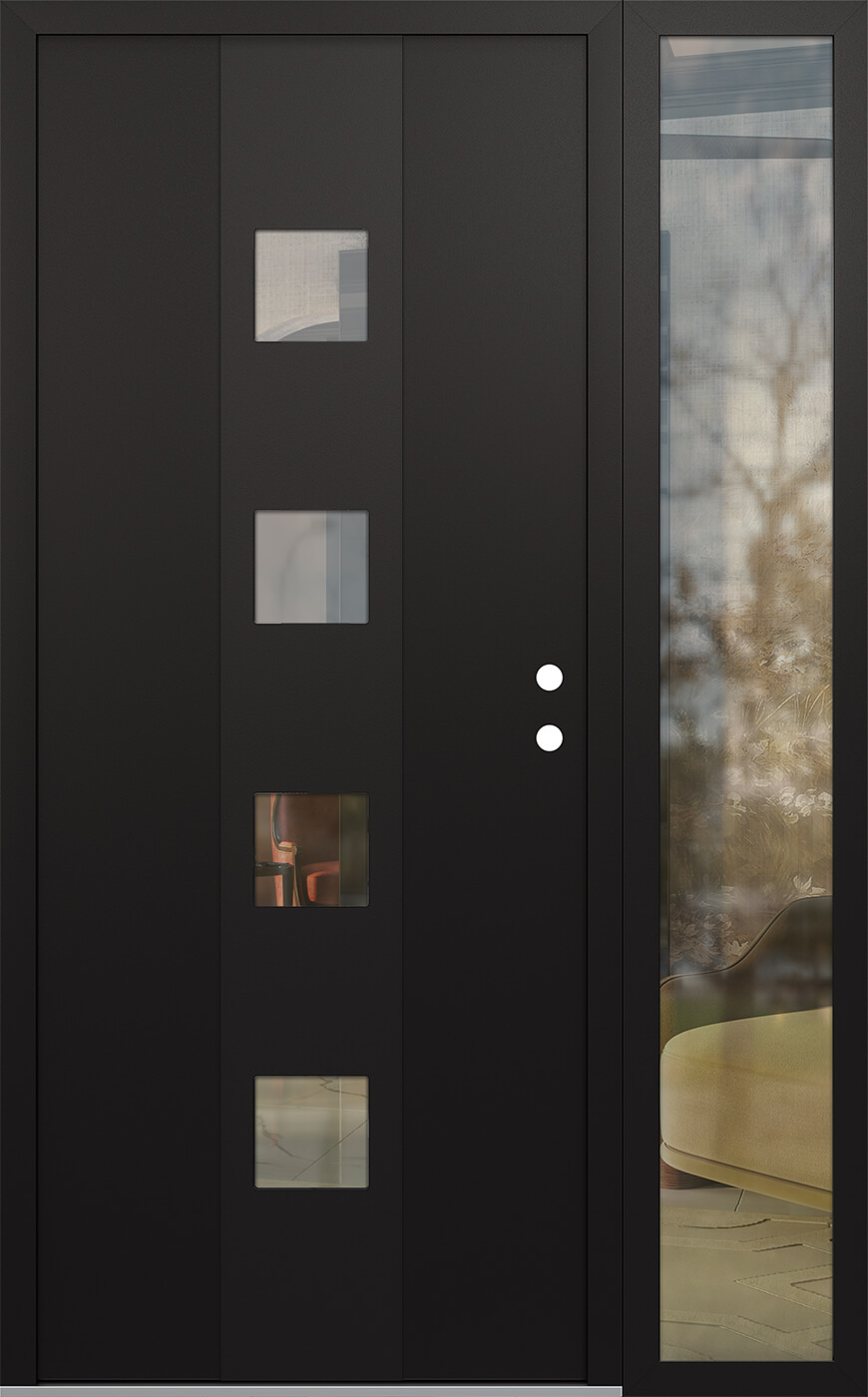 Modern Steel Front Door DIAMOND A12 50" X 80" BLACK/BLACK CLEAR GLASS PANEL BLACK LHI WITH SIDELITE CLEAR GLASS