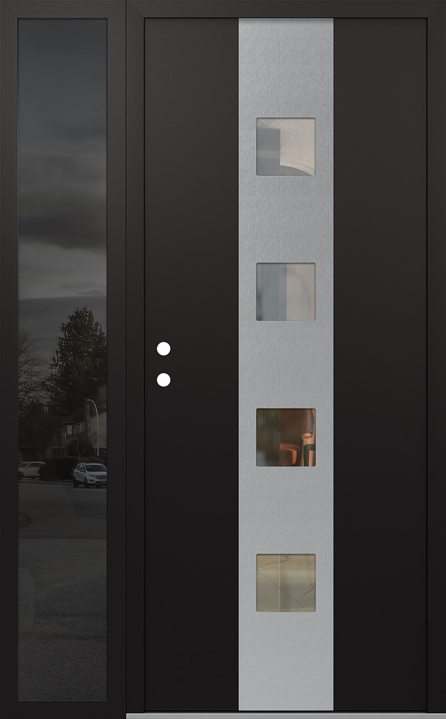 Modern Steel Front Door DIAMOND A12 50" X 80" BLACK/BLACK CLEAR GLASS PANEL STAINLESS STEEL RHI WITH SIDELITE FROSTED GLASS