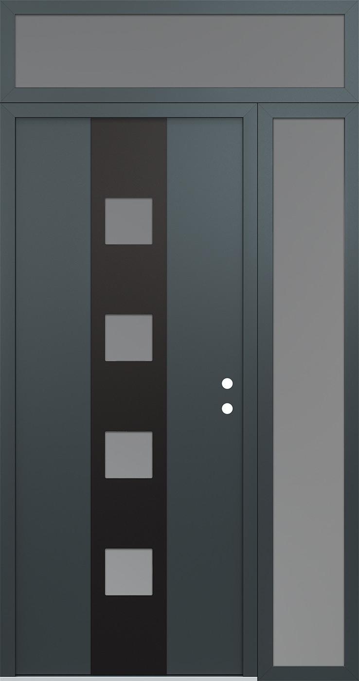 Modern Steel Front Door DIAMOND A12 50" X 96" ANTHRACITE/ANTHRACITE FROSTED GLASS PANEL BLACK LHI WITH SIDELITE AND TRANSOM MIRRORED GLASS