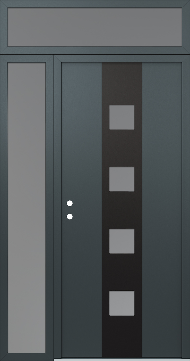 Modern Steel Front Door DIAMOND A12 50" X 96" ANTHRACITE/ANTHRACITE FROSTED GLASS PANEL BLACK RHI WITH SIDELITE AND TRANSOM MIRRORED GLASS