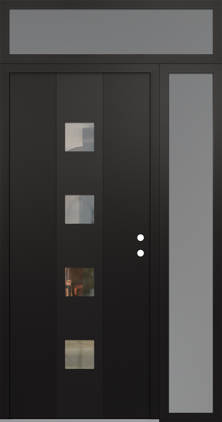 Modern Steel Front Door DIAMOND A12 50" X 96" BLACK/BLACK CLEAR GLASS PANEL BLACK LHI WITH SIDELITE AND TRANSOM CLEAR GLASS