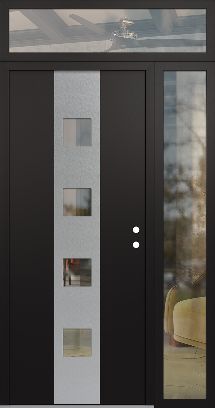 Modern Steel Front Door DIAMOND A12 50" X 96" BLACK/BLACK CLEAR GLASS PANEL STAINLESS STEEL LHI WITH SIDELITE AND TRANSOM FROSTED GLASS