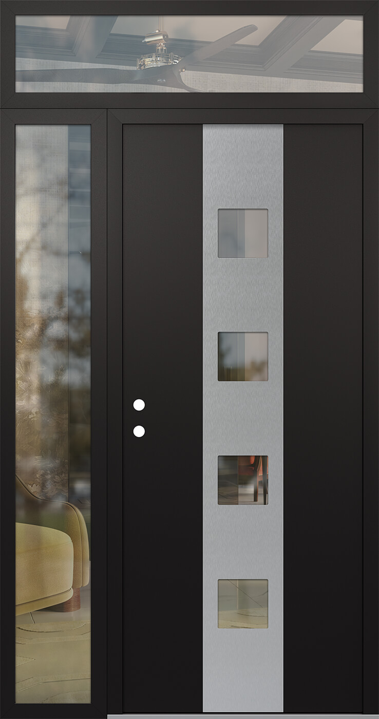 Modern Steel Front Door DIAMOND A12 50" X 96" BLACK/BLACK CLEAR GLASS PANEL STAINLESS STEEL RHI WITH SIDELITE AND TRANSOM FROSTED GLASS