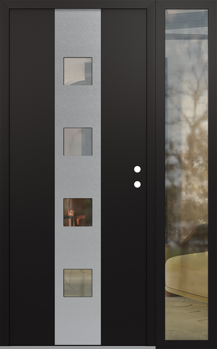 Modern Steel Front Door DIAMOND A12 52" X 80" BLACK/BLACK CLEAR GLASS PANEL STAINLESS STEEL LHI WITH SIDELITE MIRRORED GLASS