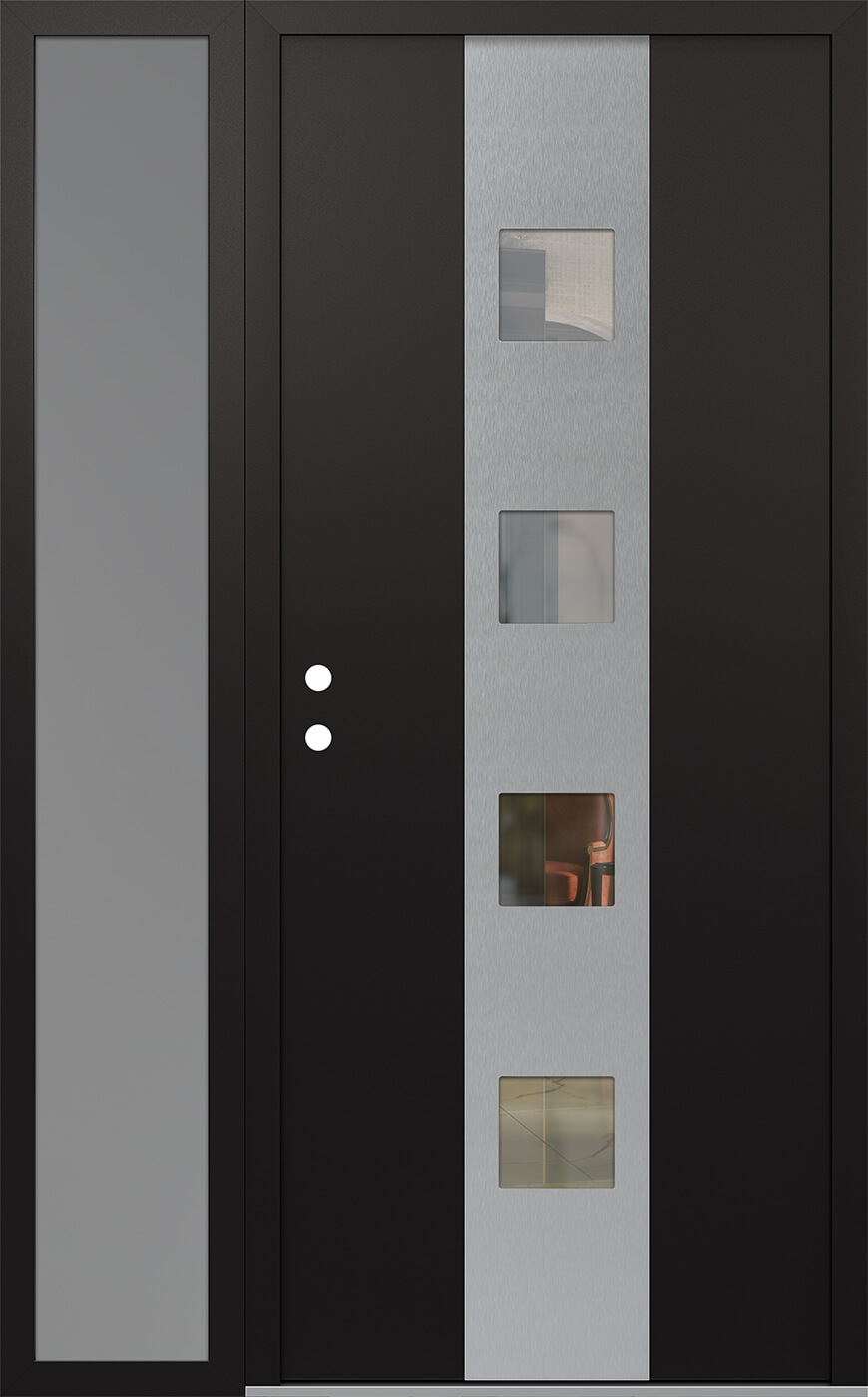Modern Steel Front Door DIAMOND A12 52" X 80" BLACK/BLACK CLEAR GLASS PANEL STAINLESS STEEL RHI WITH SIDELITE MIRRORED GLASS