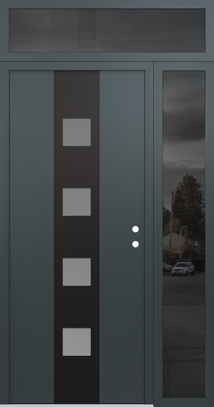 Modern Steel Front Door DIAMOND A12 52" X 96" ANTHRACITE/ANTHRACITE FROSTED GLASS PANEL BLACK LHI WITH SIDELITE AND TRANSOM FROSTED GLASS