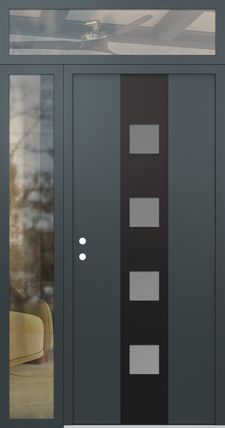 Modern Steel Front Door DIAMOND A12 52" X 96" ANTHRACITE/ANTHRACITE FROSTED GLASS PANEL BLACK RHI WITH SIDELITE AND TRANSOM MIRRORED GLASS