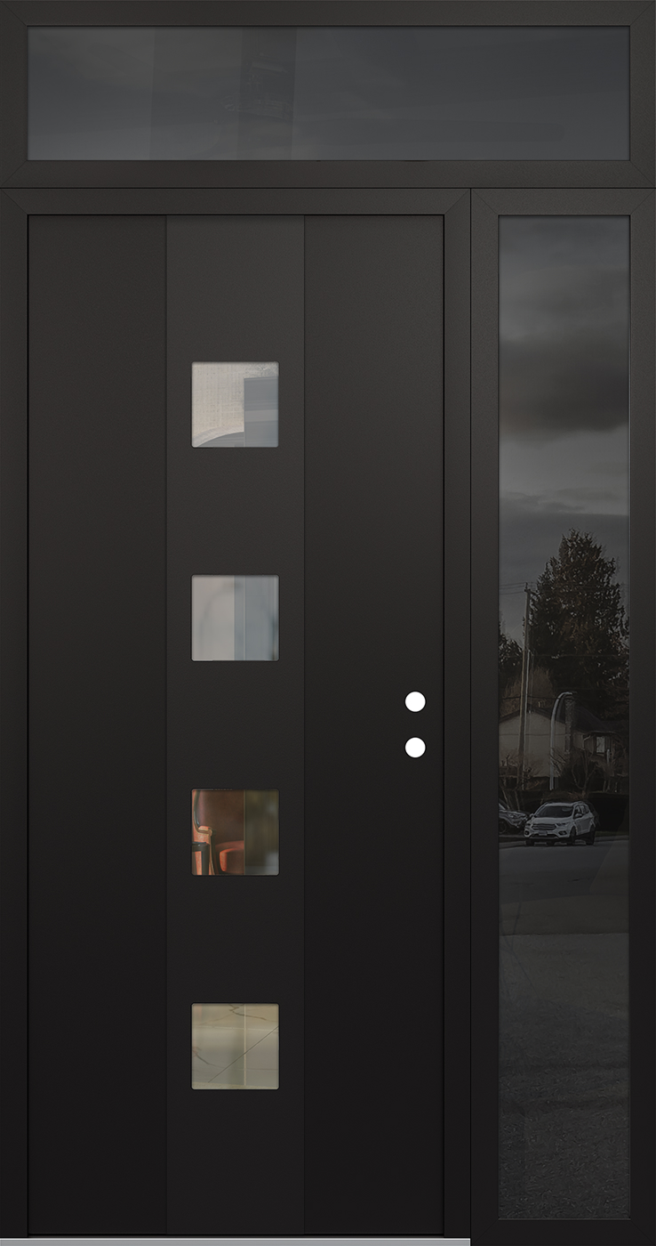 Modern Steel Front Door DIAMOND A12 52" X 96" BLACK/BLACK CLEAR GLASS PANEL BLACK LHI WITH SIDELITE AND TRANSOM CLEAR GLASS