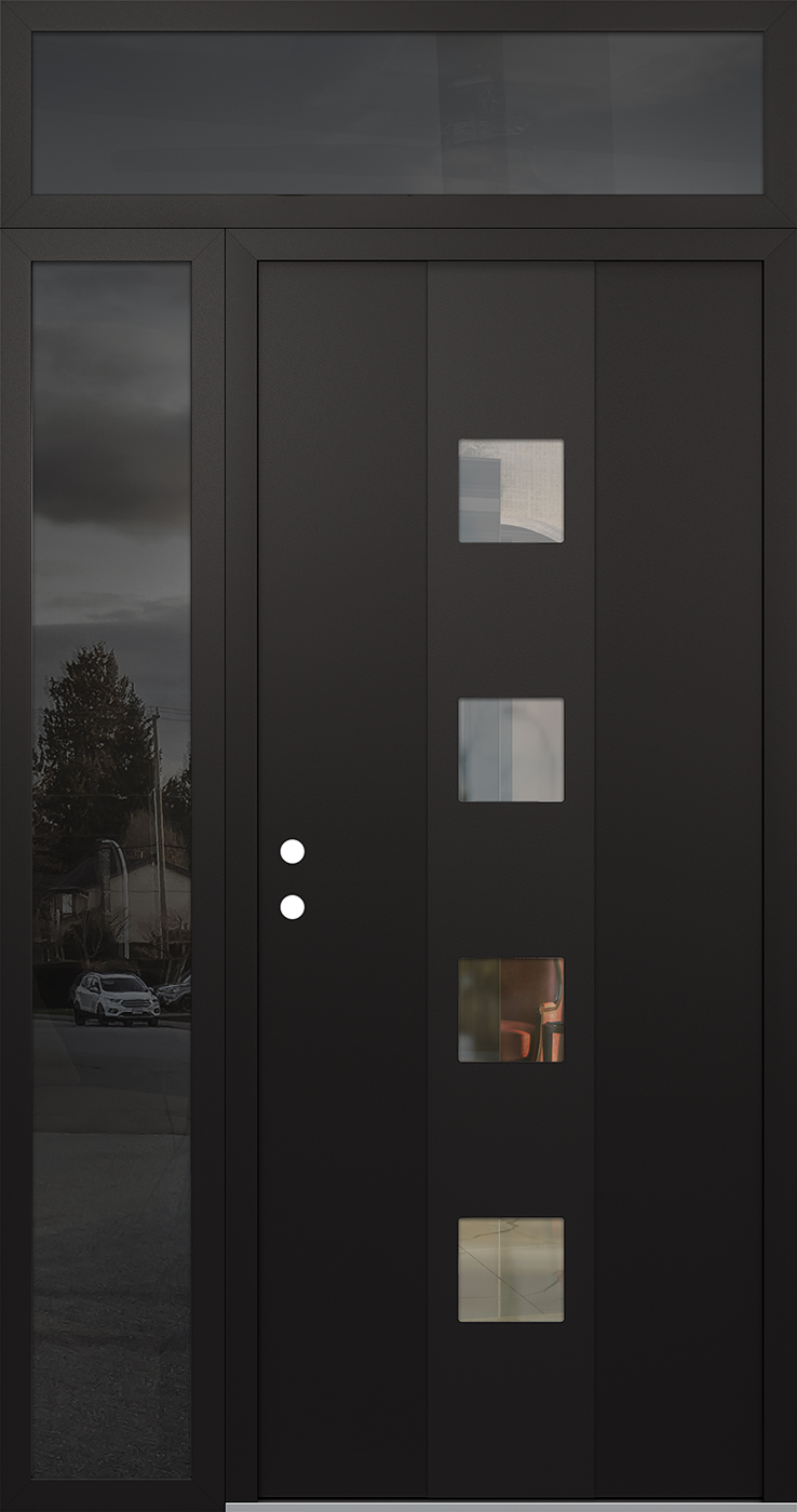 Modern Steel Front Door DIAMOND A12 52" X 96" BLACK/BLACK CLEAR GLASS PANEL BLACK RHI WITH SIDELITE AND TRANSOM FROSTED GLASS