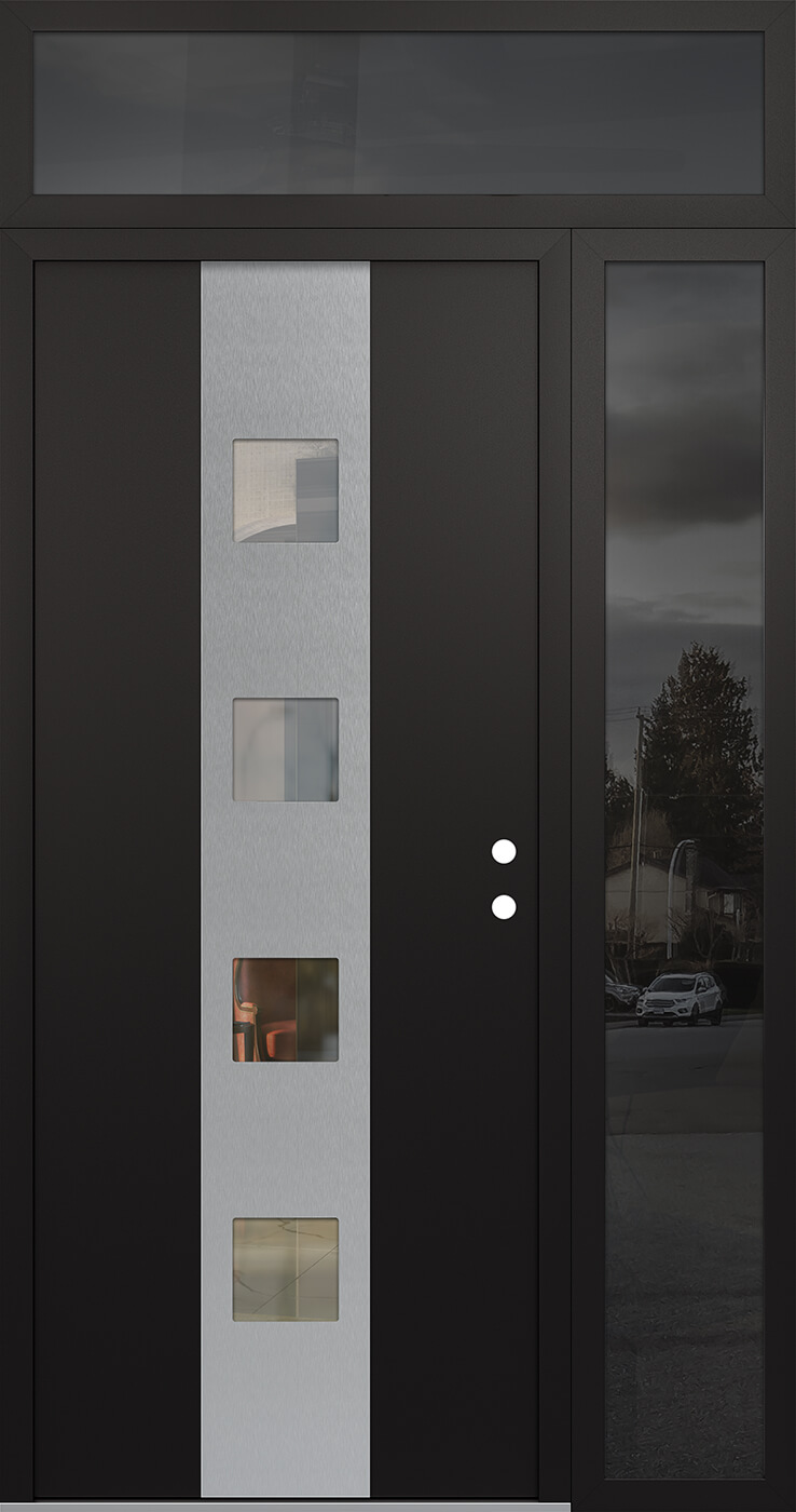 Modern Steel Front Door DIAMOND A12 52" X 96" BLACK/BLACK CLEAR GLASS PANEL STAINLESS STEEL LHI WITH SIDELITE AND TRANSOM FROSTED GLASS