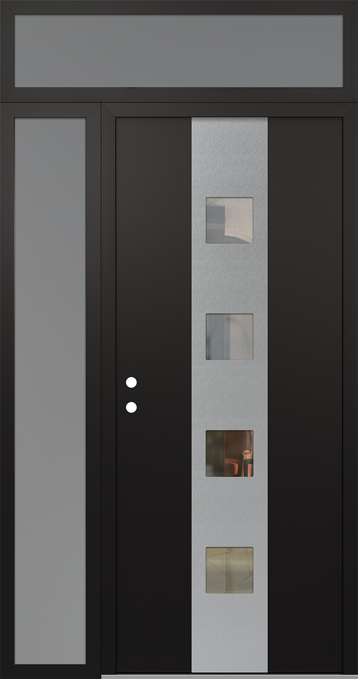 Modern Steel Front Door DIAMOND A12 52" X 96" BLACK/BLACK CLEAR GLASS PANEL STAINLESS STEEL RHI WITH SIDELITE AND TRANSOM CLEAR GLASS