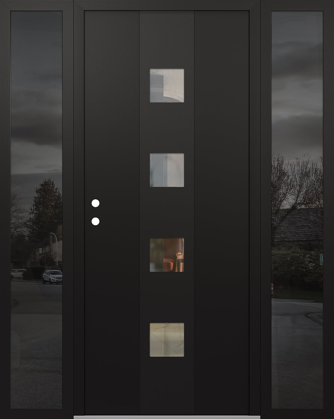 Modern Steel Front Door DIAMOND A12 60" X 80" BLACK/BLACK CLEAR GLASS PANEL BLACK RHI WITH 2 SIDELITES CLEAR GLASS