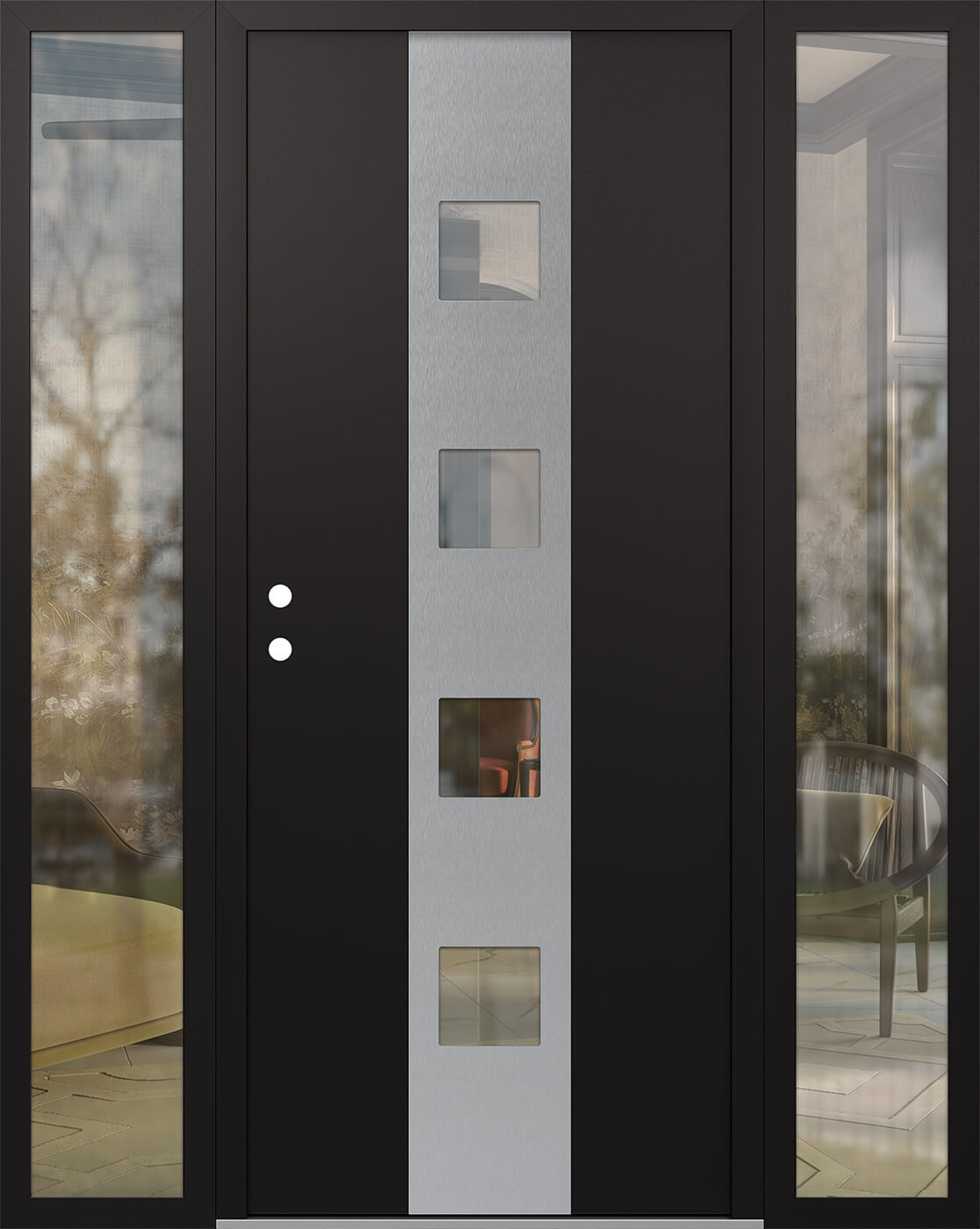 Modern Steel Front Door DIAMOND A12 60" X 80" BLACK/BLACK CLEAR GLASS PANEL STAINLESS STEEL RHI WITH 2 SIDELITES FROSTED GLASS