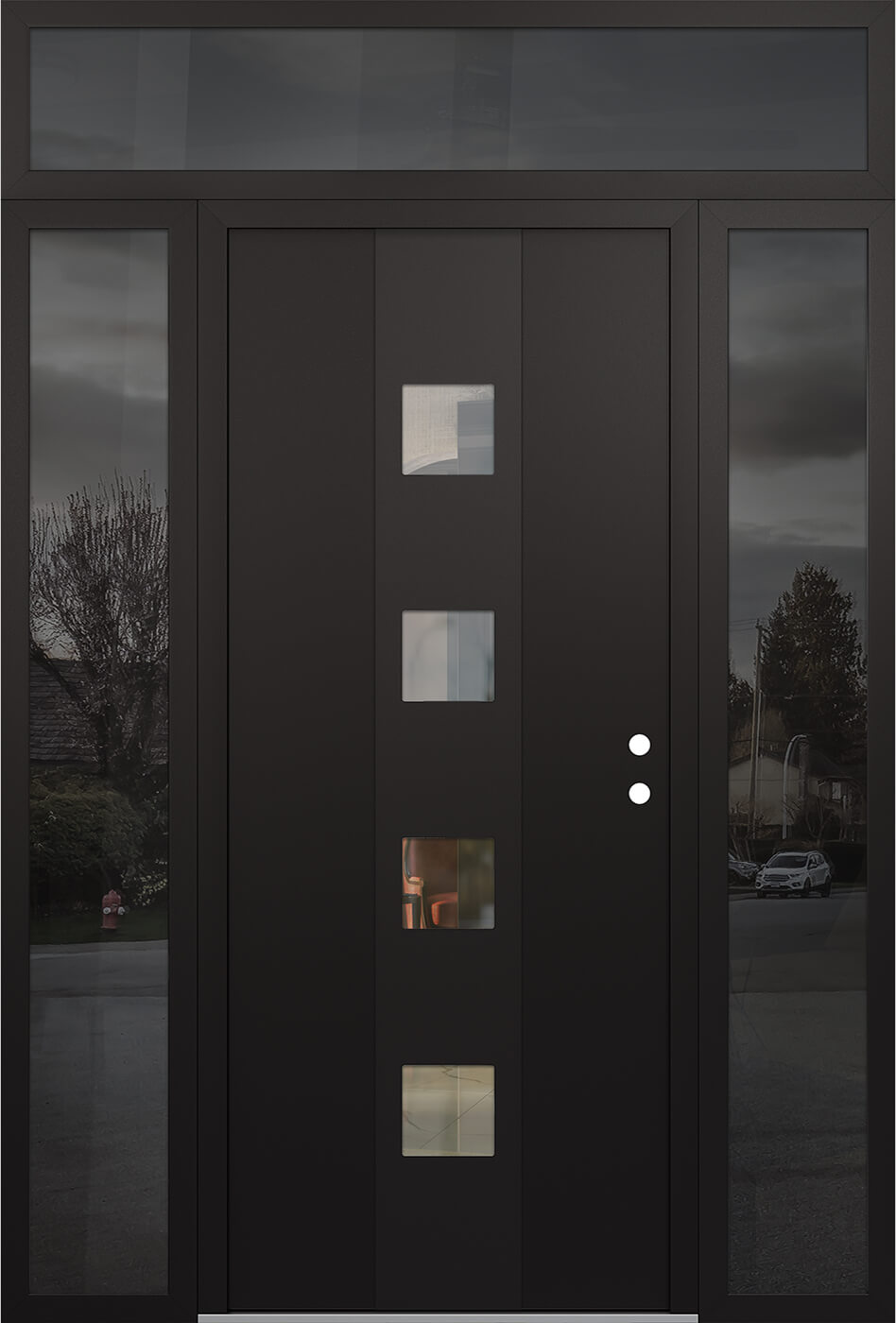 Modern Steel Front Door DIAMOND A12 60" X 96" BLACK/BLACK CLEAR GLASS PANEL BLACK LHI WITH 2 SIDELITES AND TRANSOM CLEAR GLASS