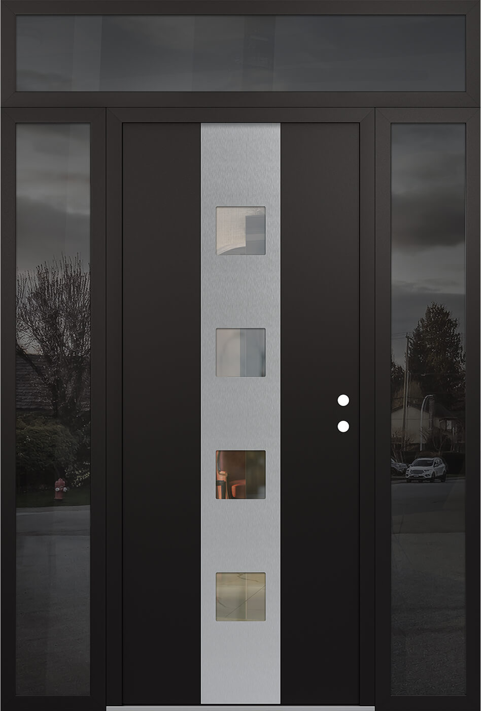 Modern Steel Front Door DIAMOND A12 60" X 96" BLACK/BLACK CLEAR GLASS PANEL STAINLESS STEEL LHI WITH 2 SIDELITES AND TRANSOM FROSTED GLASS