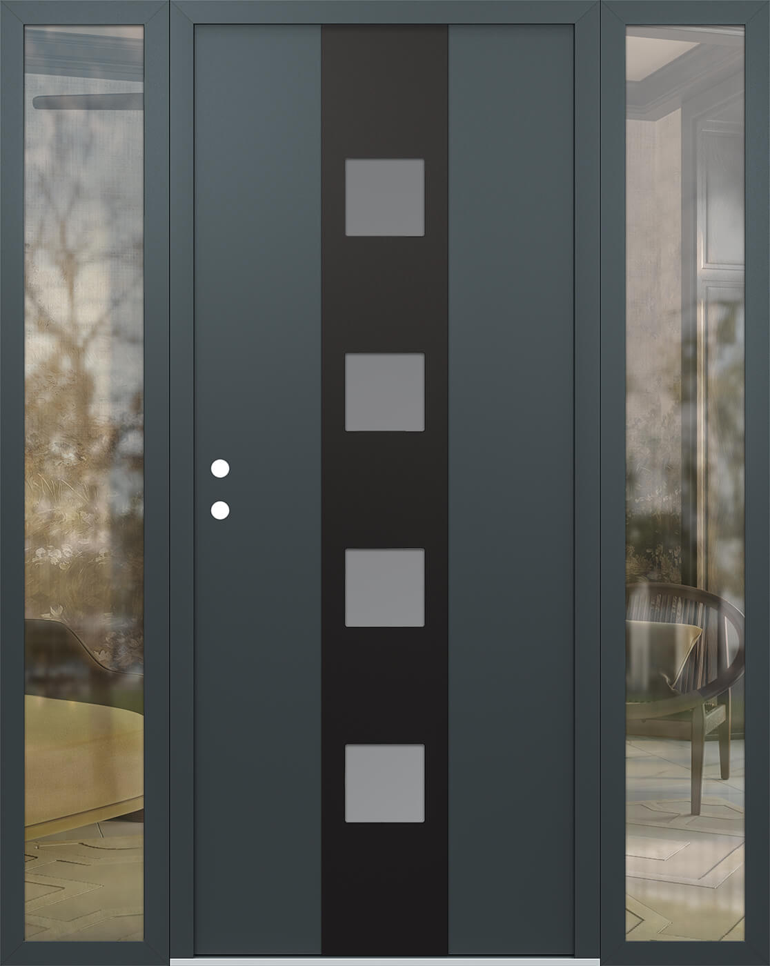 Modern Steel Front Door DIAMOND A12 64" X 80" ANTHRACITE/ANTHRACITE FROSTED GLASS PANEL BLACK RHI WITH 2 SIDELITES MIRRORED GLASS