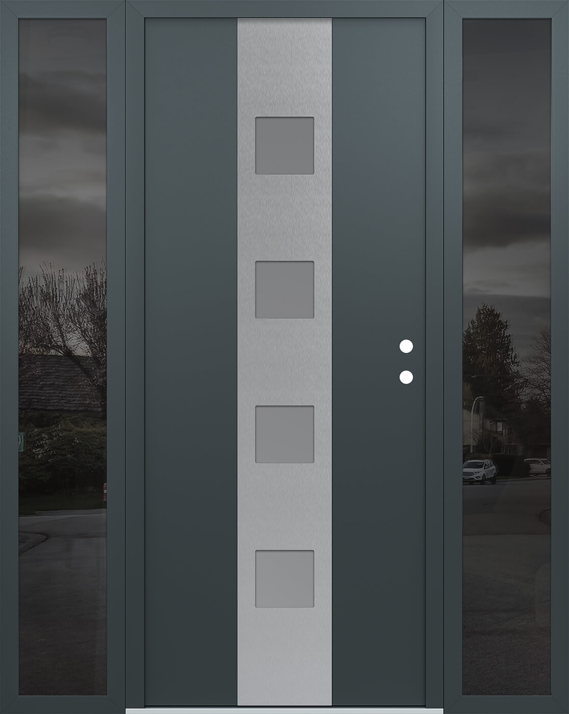 Modern Steel Front Door DIAMOND A12 64" X 80" ANTHRACITE/ANTHRACITE FROSTED GLASS PANEL STAINLESS STEEL RHI WITH 2 SIDELITES MIRRORED GLASS