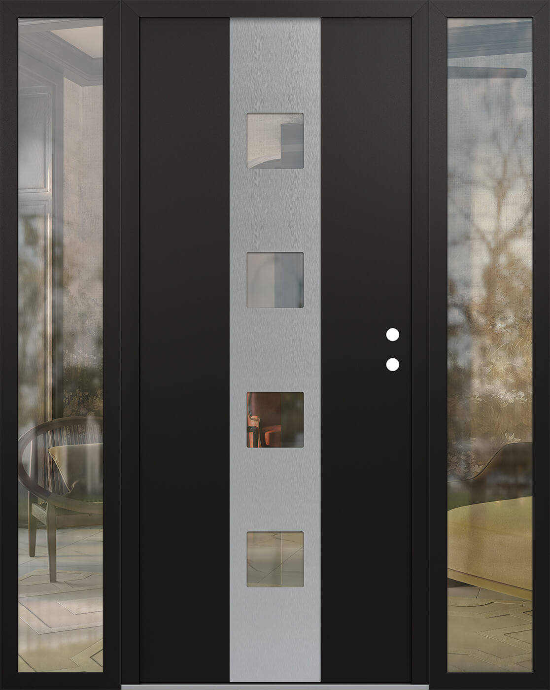 Modern Steel Front Door DIAMOND A12 64" X 80" BLACK/BLACK CLEAR GLASS PANEL STAINLESS STEEL LHI WITH 2 SIDELITES MIRRORED GLASS