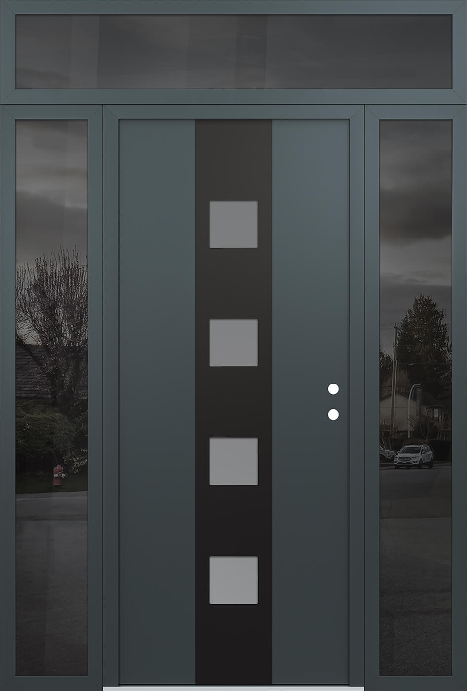 Modern Steel Front Door DIAMOND A12 64" X 96" ANTHRACITE/ANTHRACITE FROSTED GLASS PANEL BLACK LHI WITH 2 SIDELITES AND TRANSOM FROSTED GLASS