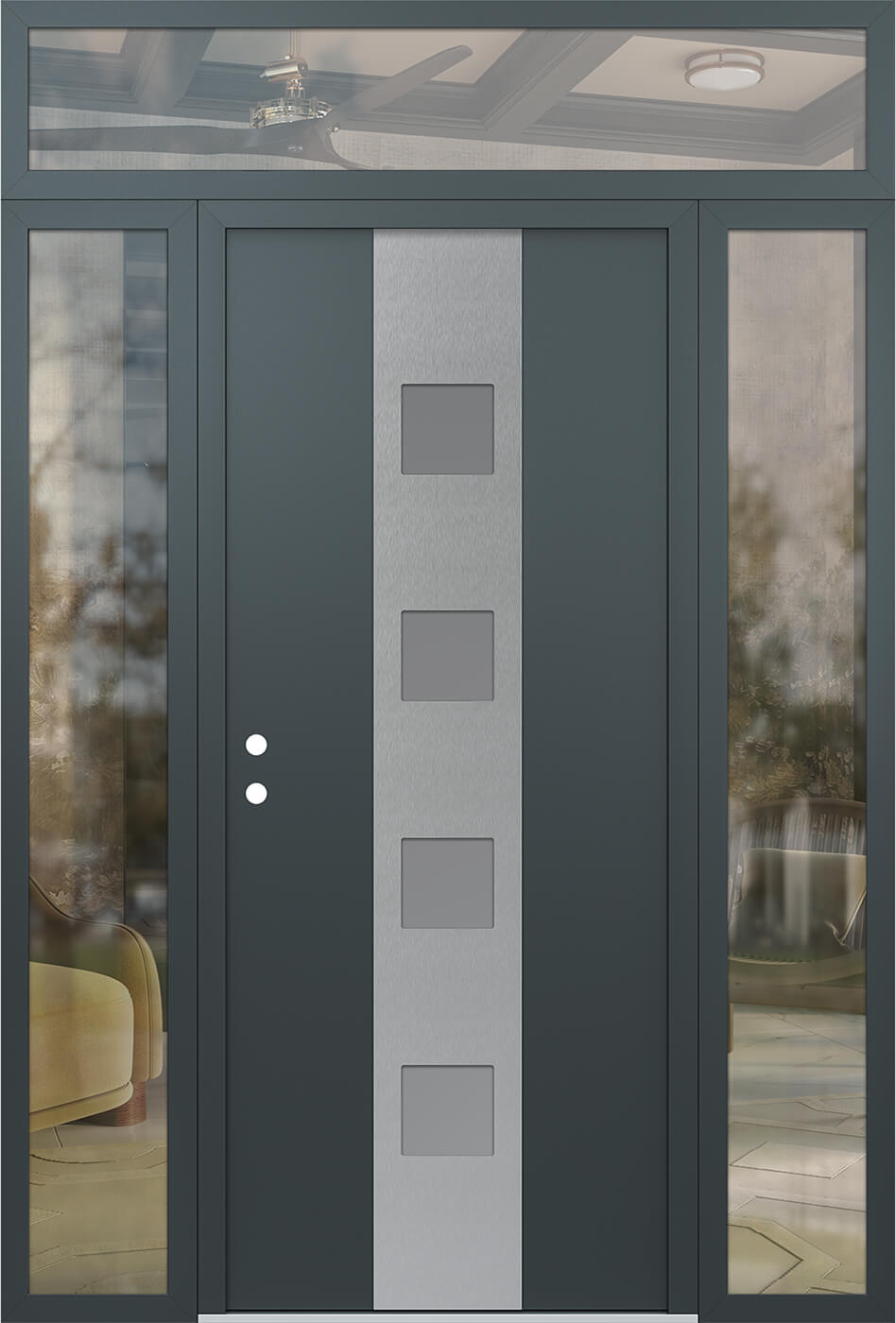 Modern Steel Front Door DIAMOND A12 64" X 96" ANTHRACITE/ANTHRACITE FROSTED GLASS PANEL STAINLESS STEEL LHI WITH 2 SIDELITES AND TRANSOM FROSTED GLASS