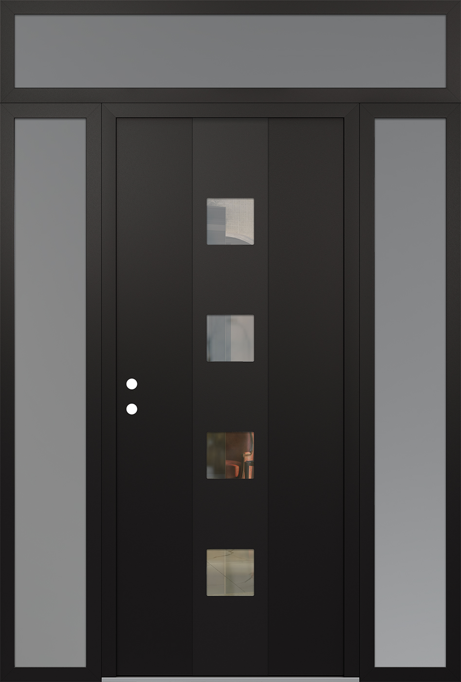 Modern Steel Front Door DIAMOND A12 64" X 96" BLACK/BLACK CLEAR GLASS PANEL BLACK RHI WITH 2 SIDELITES AND TRANSOM MIRRORED GLASS