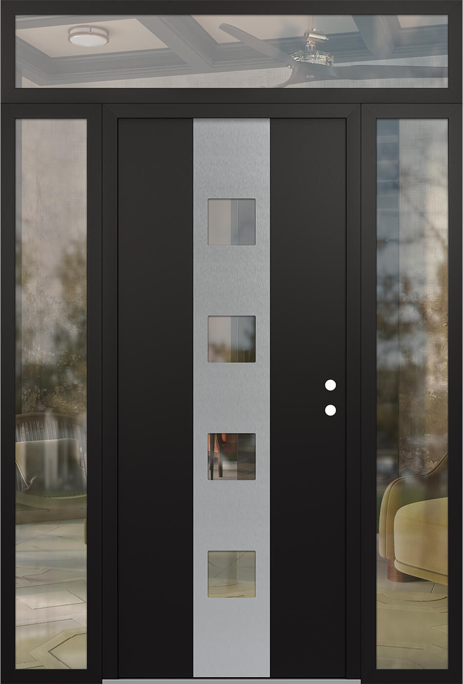 Modern Steel Front Door DIAMOND A12 64" X 96" BLACK/BLACK CLEAR GLASS PANEL STAINLESS STEEL LHI WITH 2 SIDELITES AND TRANSOM FROSTED GLASS