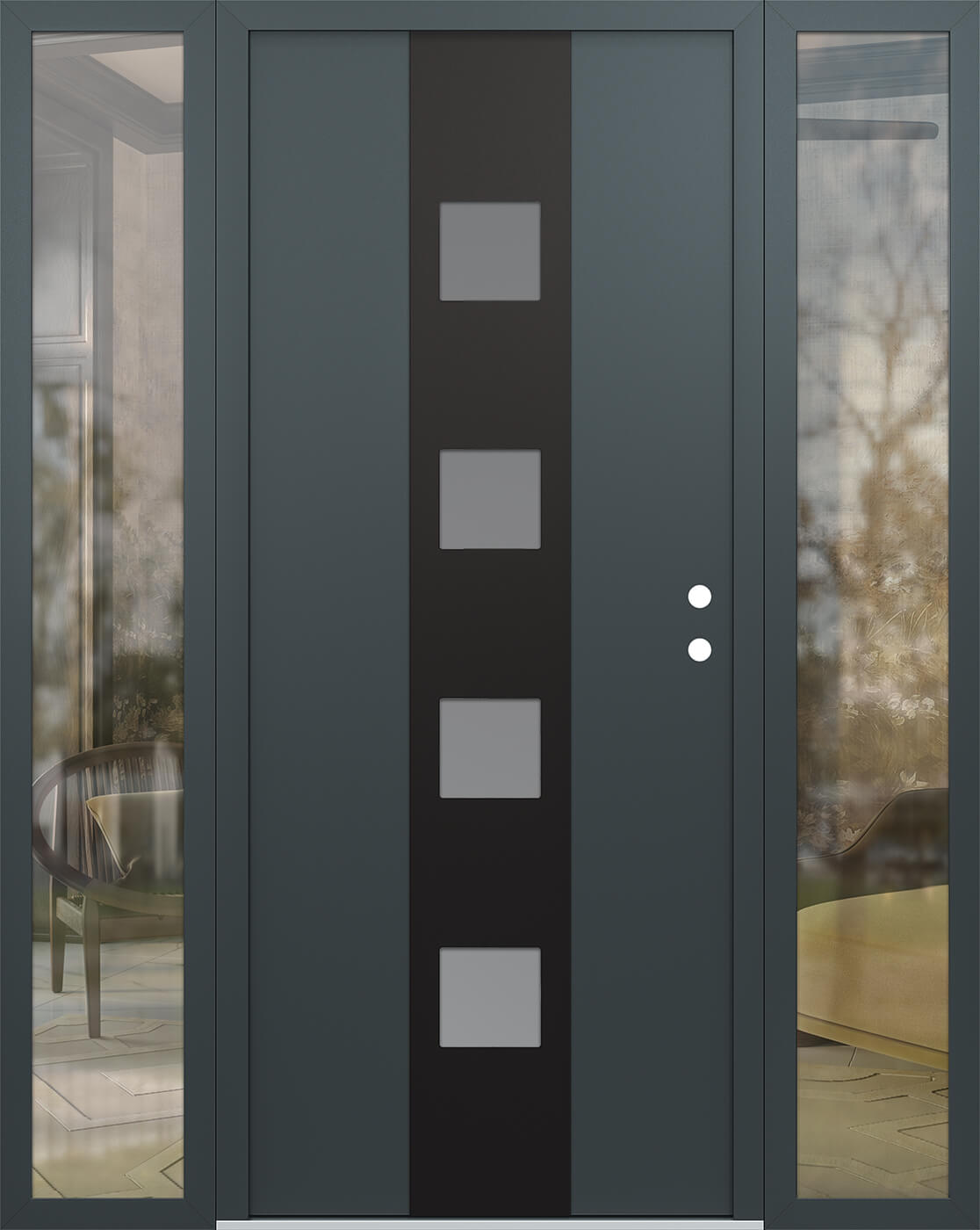 Modern Steel Front Door DIAMOND A12 68" X 80" ANTHRACITE/ANTHRACITE FROSTED GLASS PANEL BLACK LHI WITH 2 SIDELITES FROSTED GLASS