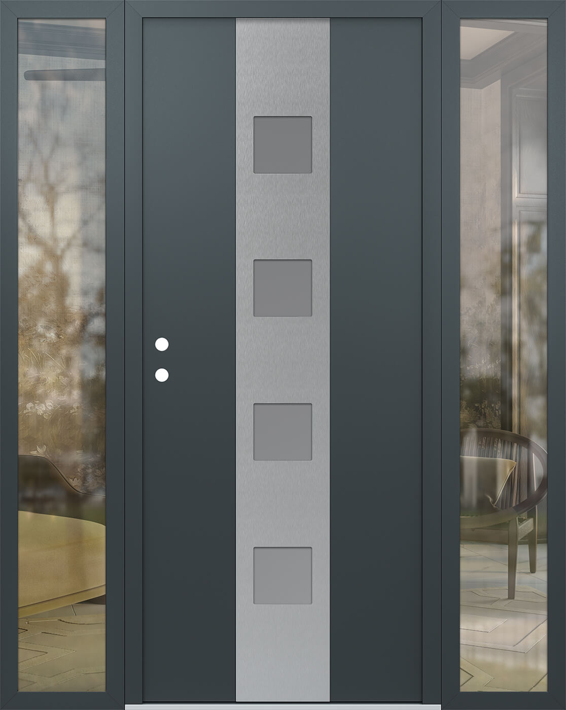 Modern Steel Front Door DIAMOND A12 68" X 80" ANTHRACITE/ANTHRACITE FROSTED GLASS PANEL STAINLESS STEEL RHI WITH 2 SIDELITES MIRRORED GLASS