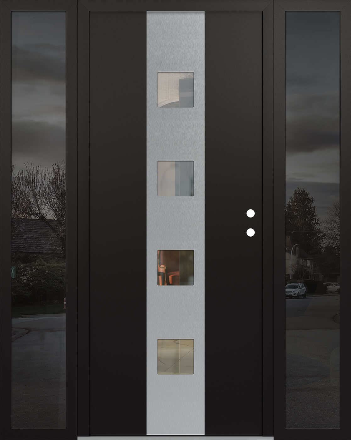 Modern Steel Front Door DIAMOND A12 68" X 80" BLACK/BLACK CLEAR GLASS PANEL STAINLESS STEEL LHI WITH 2 SIDELITES CLEAR GLASS