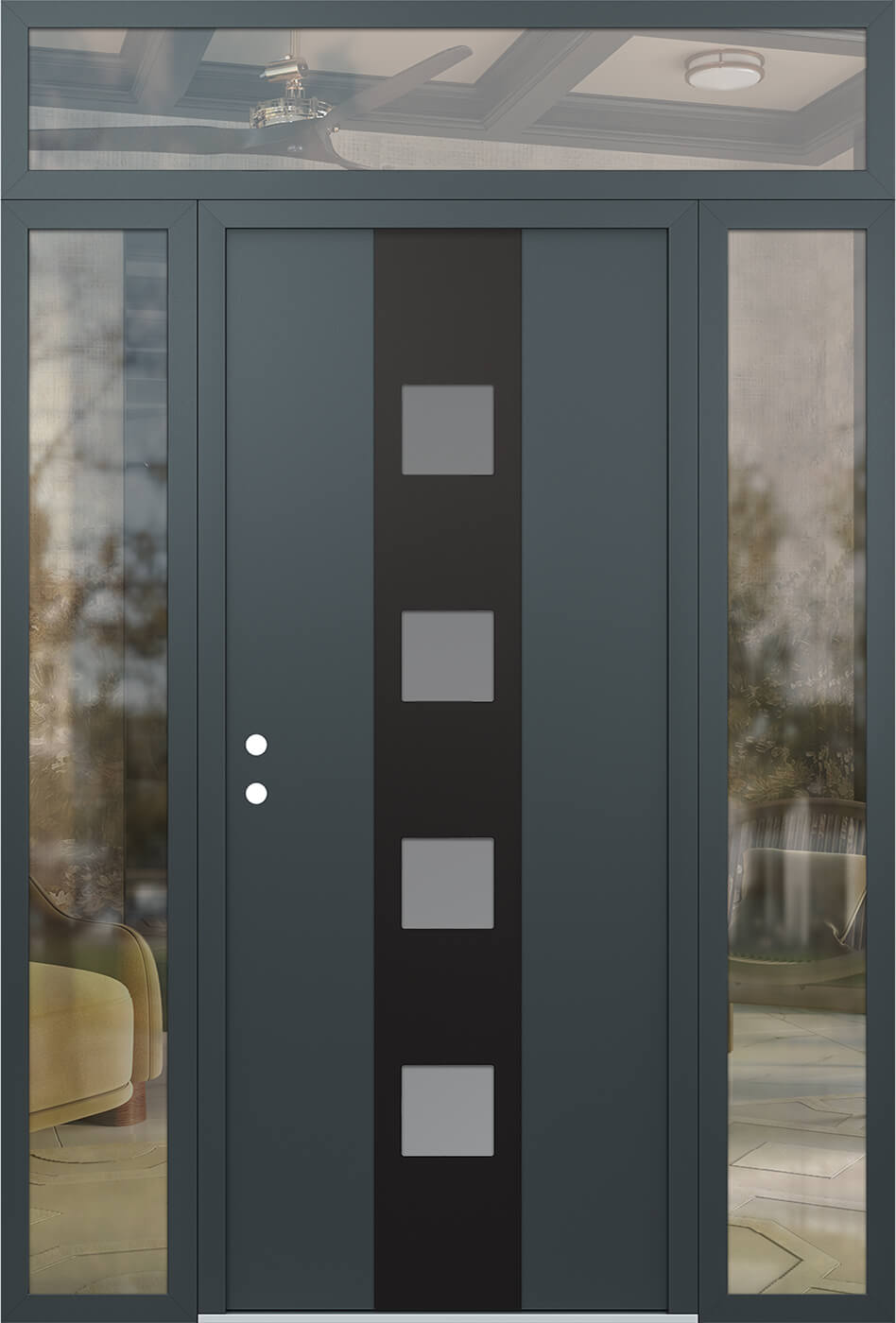 Modern Steel Front Door DIAMOND A12 68" X 96" ANTHRACITE/ANTHRACITE FROSTED GLASS PANEL BLACK RHI WITH 2 SIDELITES AND TRANSOM FROSTED GLASS