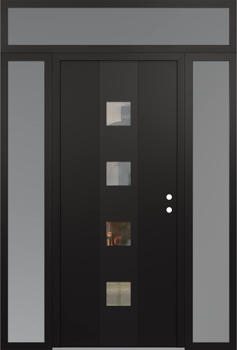 Modern Steel Front Door DIAMOND A12 68" X 96" BLACK/BLACK CLEAR GLASS PANEL BLACK LHI WITH 2 SIDELITES AND TRANSOM MIRRORED GLASS