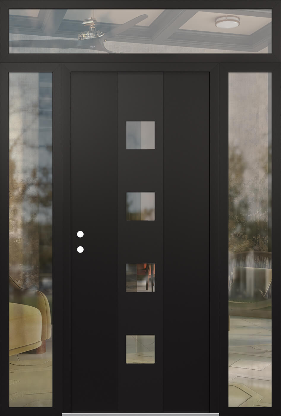 Modern Steel Front Door DIAMOND A12 68" X 96" BLACK/BLACK CLEAR GLASS PANEL BLACK RHI WITH 2 SIDELITES AND TRANSOM MIRRORED GLASS