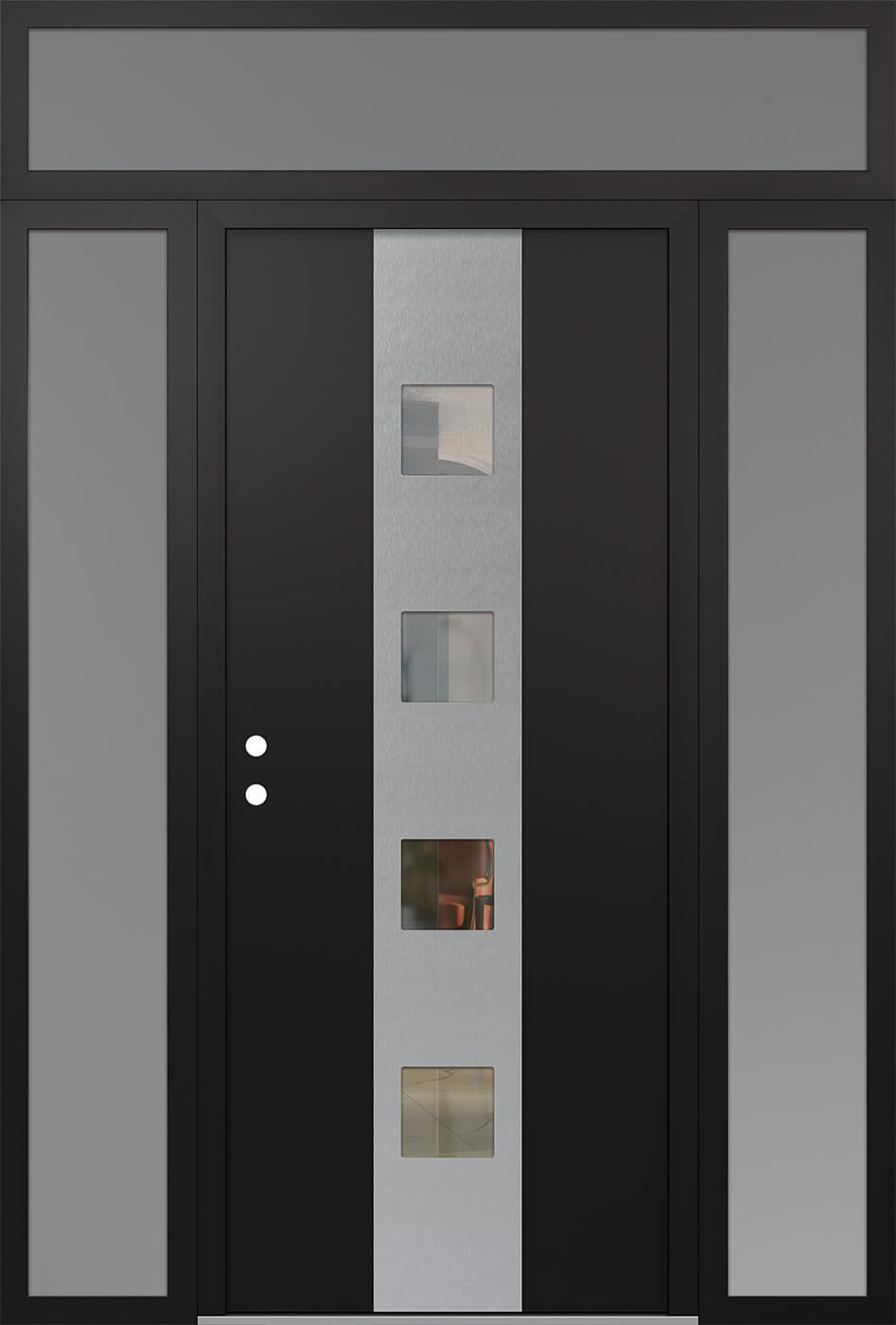 Modern Steel Front Door DIAMOND A12 68" X 96" BLACK/BLACK CLEAR GLASS PANEL STAINLESS STEEL RHI WITH 2 SIDELITES AND TRANSOM MIRRORED GLASS