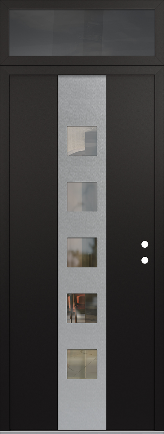 Modern Steel Front Door DIAMOND A13 36" X 96" BLACK/BLACK CLEAR GLASS PANEL STAINLESS STEEL LHI WITH TRANSOM MIRRORED GLASS